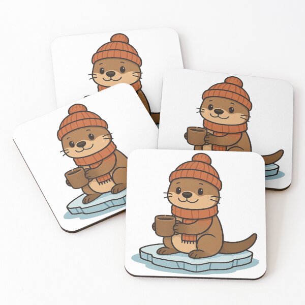 Item preview, Otter in Knitted Hat Floating on Ice with Hot Drink – Winter Animal Illustration designed and sold by Confuzz1ed.