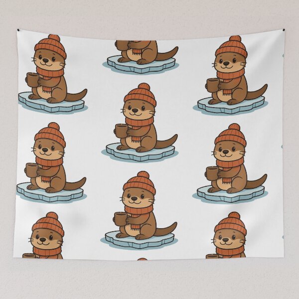 Item preview, Otter in Knitted Hat Floating on Ice with Hot Drink – Winter Animal Illustration designed and sold by Confuzz1ed.