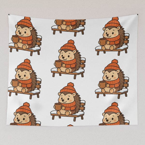 Item preview, Cozy Hedgehog with Mug of Tea on Snowy Bench – Winter Animal Illustration designed and sold by Confuzz1ed.