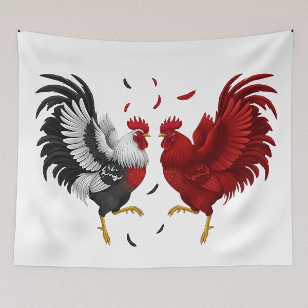 Item preview, Majestic Fighting Roosters Illustration: White Mottled & Red Gamefowl Duo designed and sold by VibranPalette.