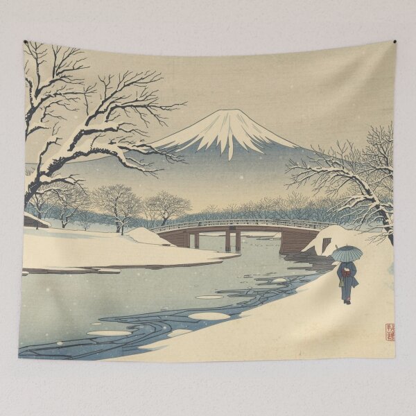 Item preview, Mount Fuji Snowy Riverbank Japanese Ukiyo-e Woodblock Print Edo Period Winter Landscape Art designed and sold by Vandy Fullam.