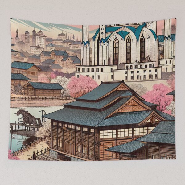 Item preview, Kazan Russia Qol Sharif Mosque Kremlin Japanese Ukiyo-e Woodblock Print Style Cherry Blossom Travel Art designed and sold by Vandy Fullam.