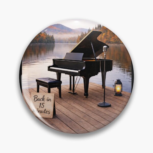 Item preview, Back in 15 Minutes – Grand Piano & Microphone on an Autumn Lake Dock designed and sold by MySheetMusicArt.