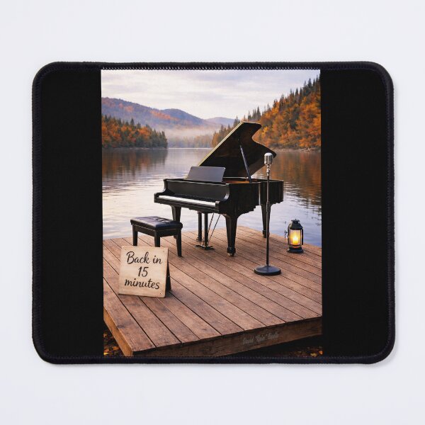 Item preview, Back in 15 Minutes – Grand Piano & Microphone on an Autumn Lake Dock designed and sold by MySheetMusicArt.