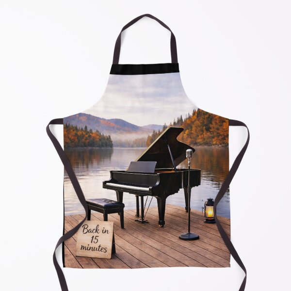 Item preview, Back in 15 Minutes – Grand Piano & Microphone on an Autumn Lake Dock designed and sold by MySheetMusicArt.