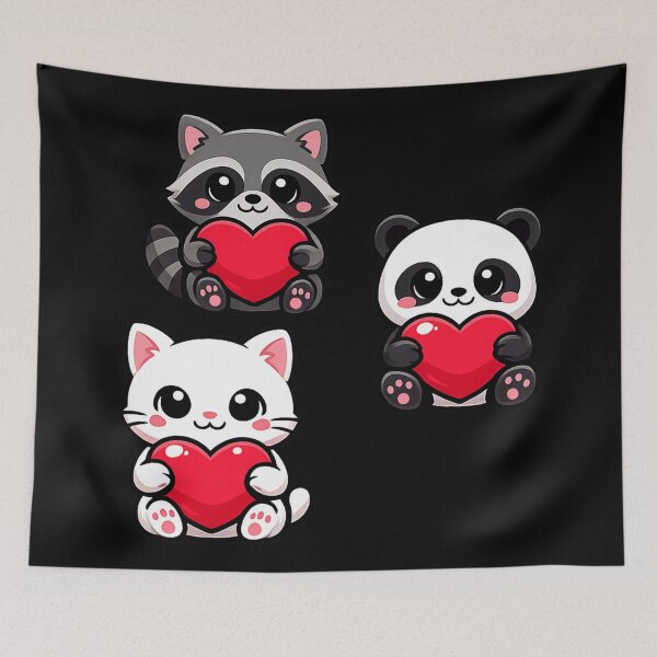 Item preview, Un adorable chat, un panda et un raton laveur tenant des cœurs, une magnifique illustration pour la Saint-Valentin designed and sold by Ach&Koor.
