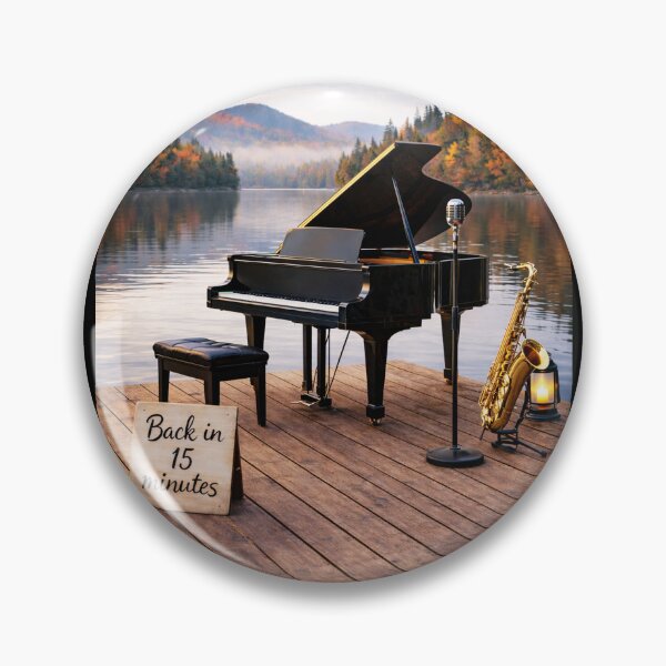 Item preview, Back in 15 Minutes – Piano, Saxophone & Microphone on an Autumn Lake Dock designed and sold by MySheetMusicArt.