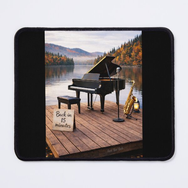 Item preview, Back in 15 Minutes – Piano, Saxophone & Microphone on an Autumn Lake Dock designed and sold by MySheetMusicArt.