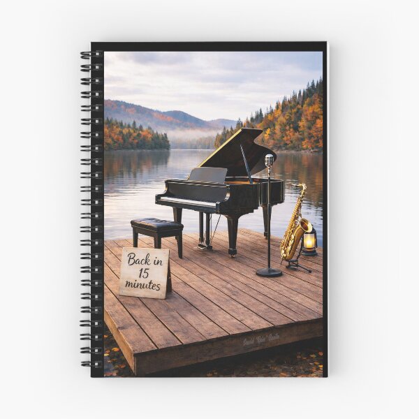 Item preview, Back in 15 Minutes – Piano, Saxophone & Microphone on an Autumn Lake Dock designed and sold by MySheetMusicArt.