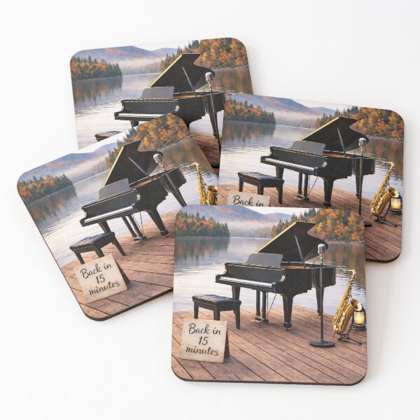 Item preview, Back in 15 Minutes – Piano, Saxophone & Microphone on an Autumn Lake Dock designed and sold by MySheetMusicArt.