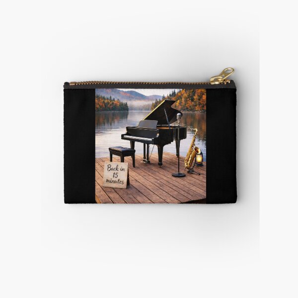 Item preview, Back in 15 Minutes – Piano, Saxophone & Microphone on an Autumn Lake Dock designed and sold by MySheetMusicArt.