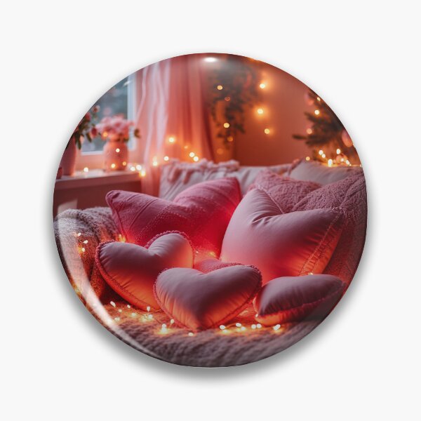 Item preview, Cozy Valentine Bedroom with Heart Pillows – Romantic Home Art designed and sold by AmetistLight.