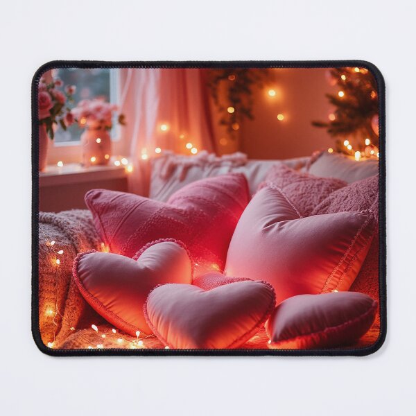 Item preview, Cozy Valentine Bedroom with Heart Pillows – Romantic Home Art designed and sold by AmetistLight.