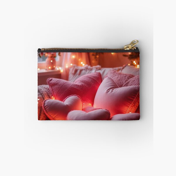 Item preview, Cozy Valentine Bedroom with Heart Pillows – Romantic Home Art designed and sold by AmetistLight.