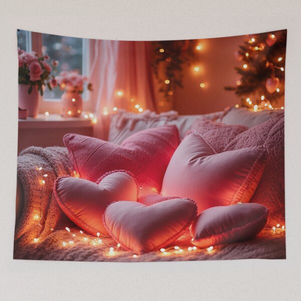 Item preview, Cozy Valentine Bedroom with Heart Pillows – Romantic Home Art designed and sold by AmetistLight.