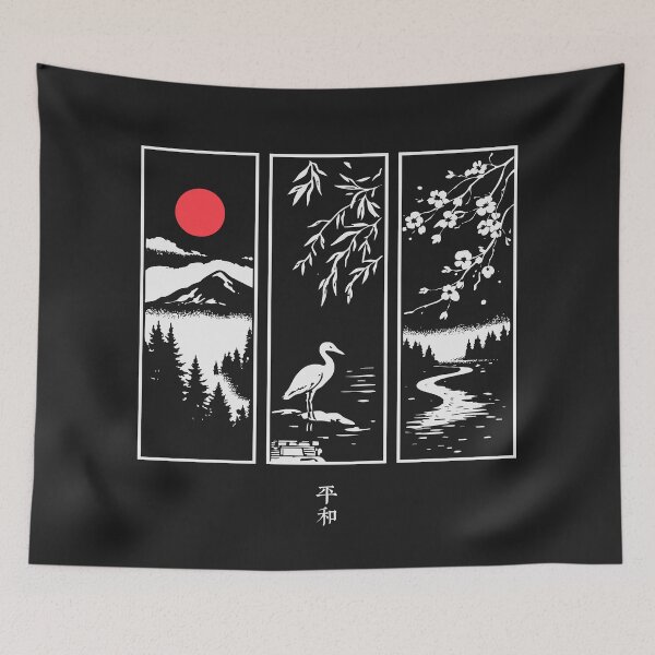 Item preview, Japanese art: Three Panels of Life- moon, cherry blossom and mountains designed and sold by AxisTheory.