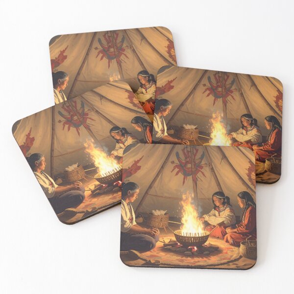Item preview, Native American women and sacred fire designed and sold by Schoenenwald — Art Japonais, Zen & Nature.