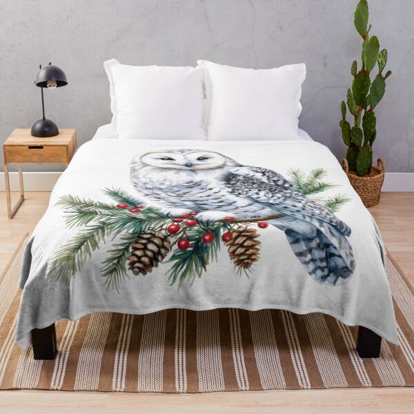 Item preview, Snowy Owl Perched on Winter Pine Branch with Red Berries designed and sold by CharlieDesings.