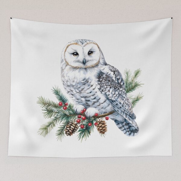 Item preview, Snowy Owl Perched on Winter Pine Branch with Red Berries designed and sold by CharlieDesings.