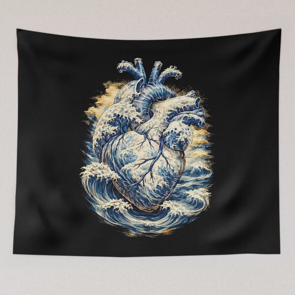 Item preview, Anatomical Heart Great Wave Japanese Aesthetic Art Retro, Human heart and big wave, blue color,l over of the waves and the sea, the sea in my heart, watercolor designed and sold by Collagedream.