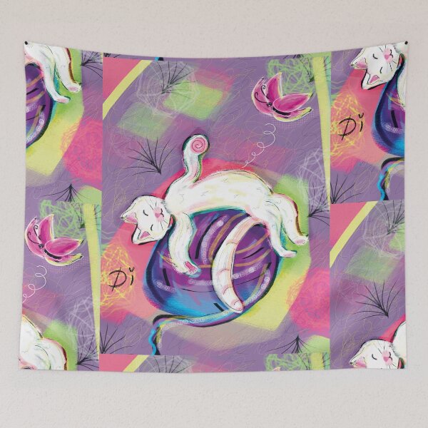 Item preview, Cute white cat lying on a colorful soft ball designed and sold by Dilyana Rumenova - Shantabella.