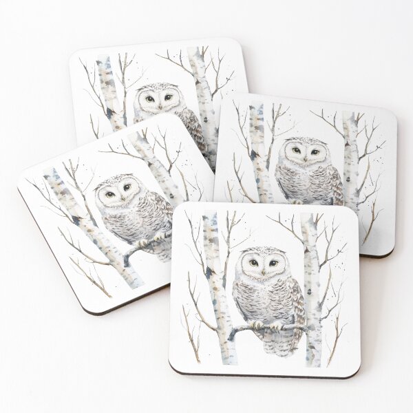 Item preview, Snowy Owl Perched in Birch Tree Forest Watercolor designed and sold by CharlieDesings.