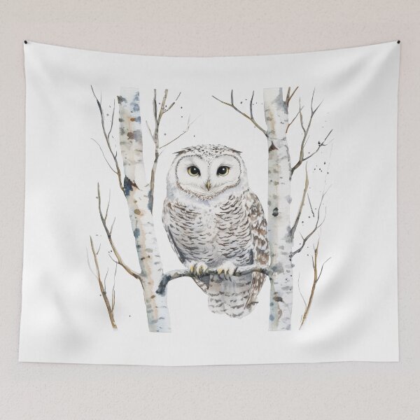 Item preview, Snowy Owl Perched in Birch Tree Forest Watercolor designed and sold by CharlieDesings.