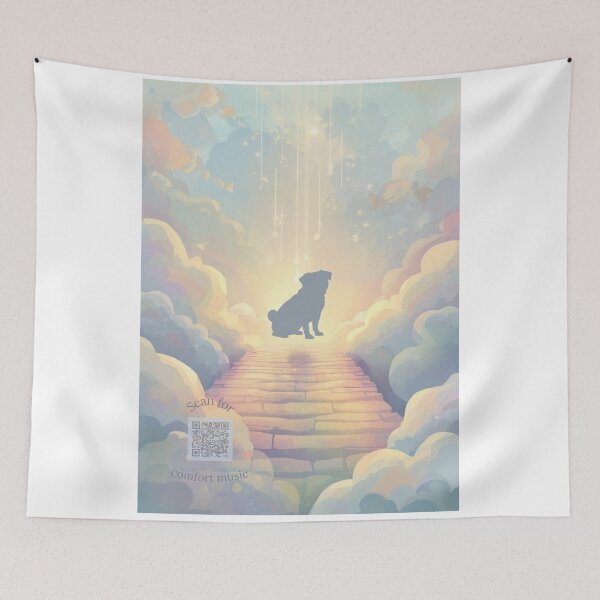 Item preview, Blue Rainbow Bridge Pug Memorial Art with Grief Playlist QR Code designed and sold by Esterlane.
