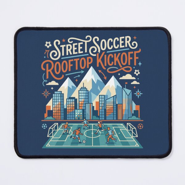 Item preview, Street Soccer Rooftop Kickoff - Urban Mountain Cityscape Art designed and sold by HappySproutArt.