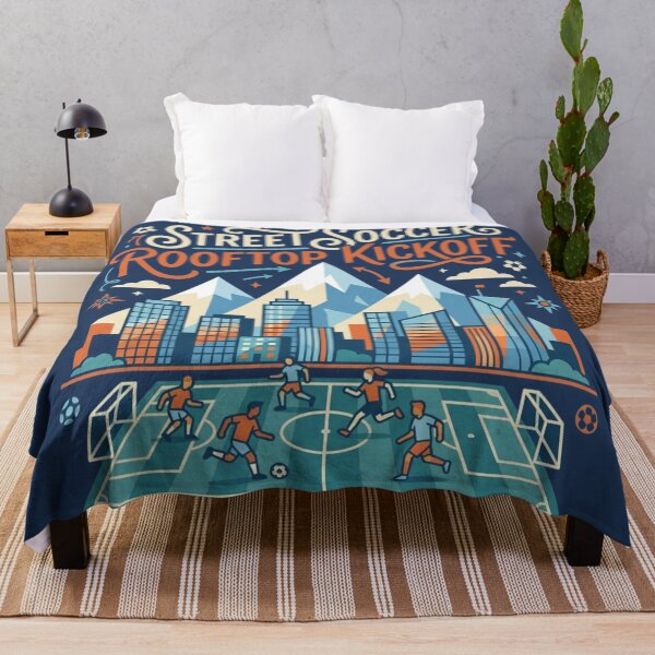 Item preview, Street Soccer Rooftop Kickoff - Urban Mountain Cityscape Art designed and sold by HappySproutArt.