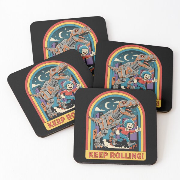 Item preview, Keep Rolling Funny Retro Mecha T-Rex Roller Skating Badge designed and sold by MANA-Goods.