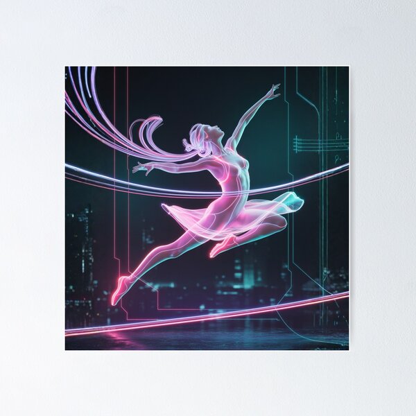 Item preview, Neon dreamscape dancer: futuristic cyber ballet art, glowing urban dance scene designed and sold by FusiTink.