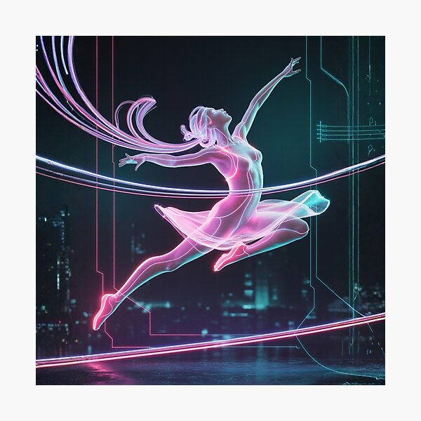 Item preview, Neon dreamscape dancer: futuristic cyber ballet art, glowing urban dance scene designed and sold by FusiTink.