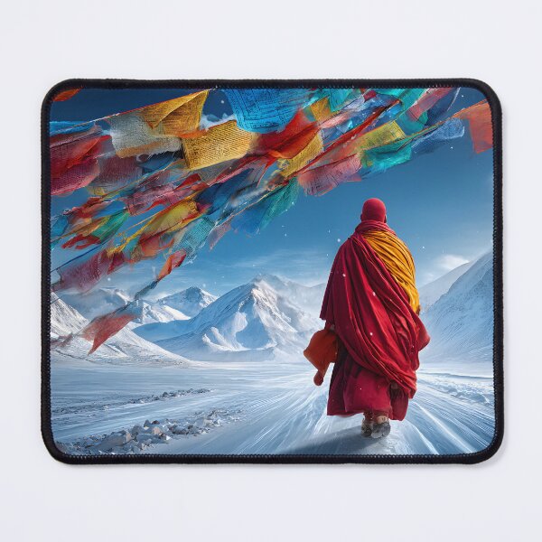 Item preview, Monk Walking in Snowy Mountains with Prayer Flags designed and sold by Artessie.