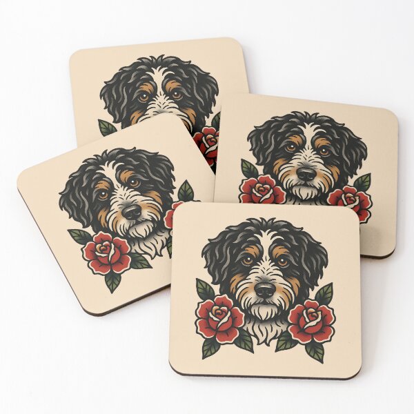 Item preview, Traditional Tattoo Aussie Doodle with Roses - Old School Vintage Dog designed and sold by Balasan.