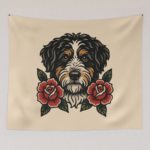 Item preview, Traditional Tattoo Aussie Doodle with Roses - Old School Vintage Dog designed and sold by Balasan.