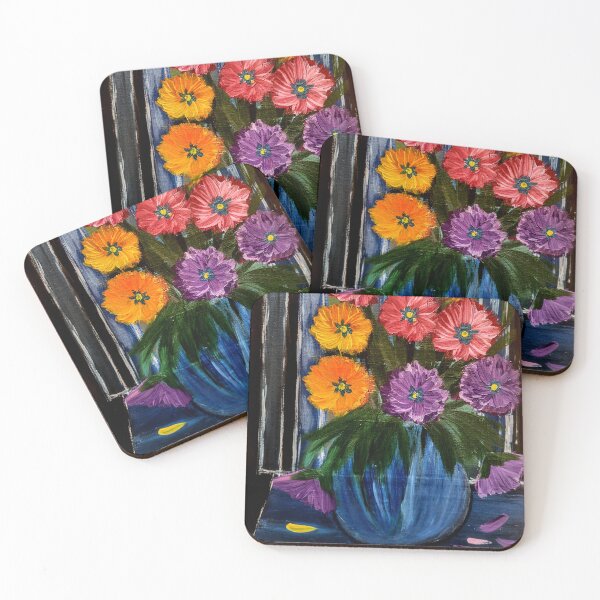 Item preview, Flores silvestres multicolores texturizadas en jarrón azul con fondo rayado designed and sold by kkartwork.