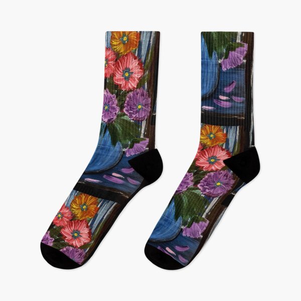 Artikelvorschau, Strukturierte, mehrfarbige Wildblumen in blauer Vase mit gestreiftem Hintergrund entworfen und verkauft von kkartwork.