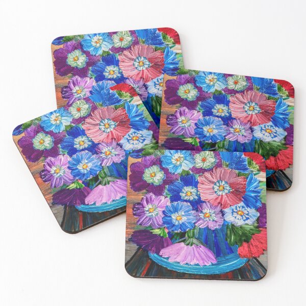 Item preview, Textured Purple Blue and Pink Wildflowers in Blue Bowl – Acrylic Impasto designed and sold by kkartwork.