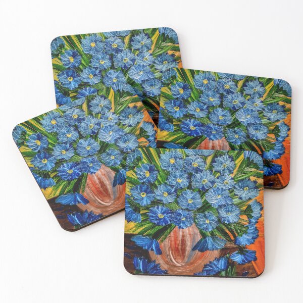 Item preview, Textured Blue Cornflowers in Copper Vase on Gold Background – Acrylic Impasto designed and sold by kkartwork.
