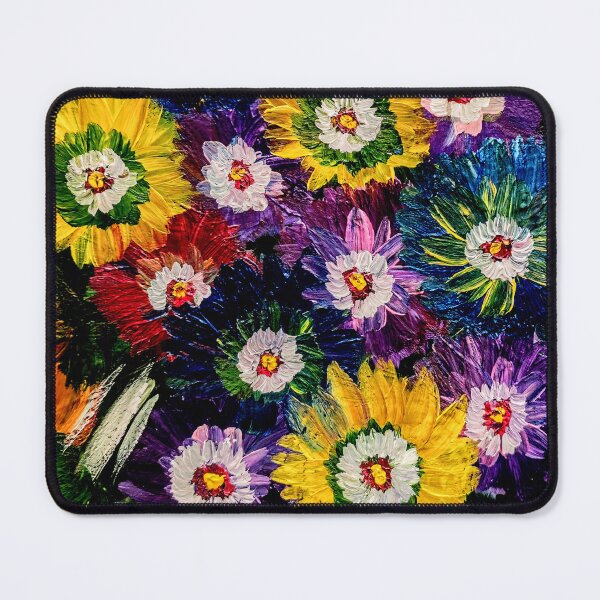 Item preview, Textured Yellow Sunflowers and Blue Asters in Orange Basket – Acrylic Impasto designed and sold by kkartwork.