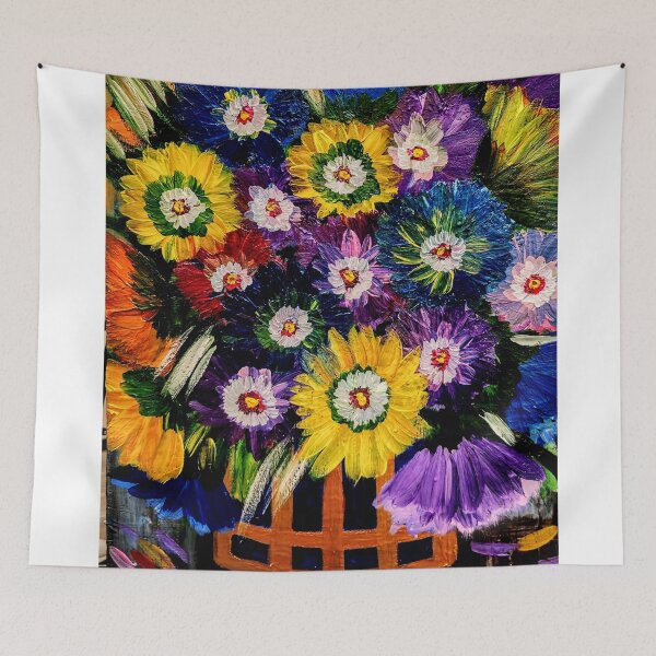 Item preview, Textured Yellow Sunflowers and Blue Asters in Orange Basket – Acrylic Impasto designed and sold by kkartwork.