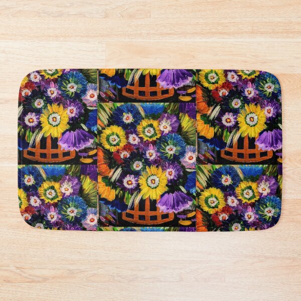 Item preview, Textured Yellow Sunflowers and Blue Asters in Orange Basket – Acrylic Impasto designed and sold by kkartwork.