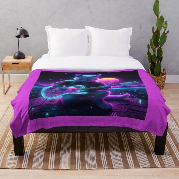 Aperçu de l'œuvre Neon Rockstar Cat - Guitare électrique et esthétique synthwave rétro créée et vendue par MarZeDesigns .