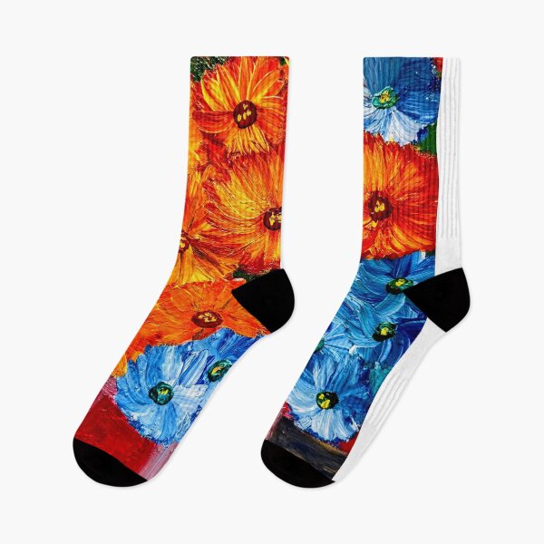 Aperçu de l'œuvre Zinnias texturés orange et bleus dans un vase carré rouge – Acrylique impasto créée et vendue par kkartwork.