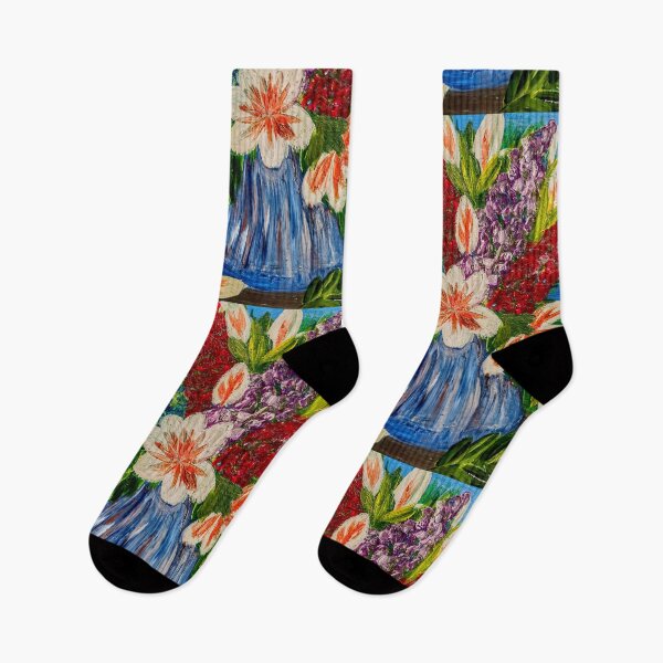 Item preview, Textured White Lilies and Red Purple Lupines in Blue Vase – Acrylic Impasto designed and sold by kkartwork.