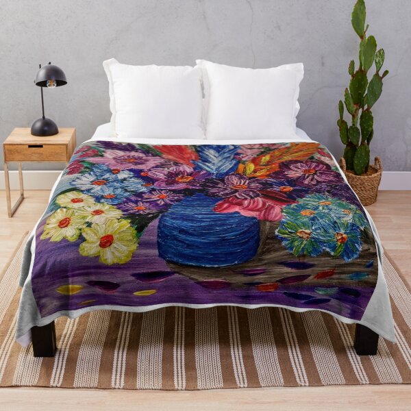 Item preview, Textured Purple Flowers and Colorful Feathery Grass in Blue Vase designed and sold by kkartwork.