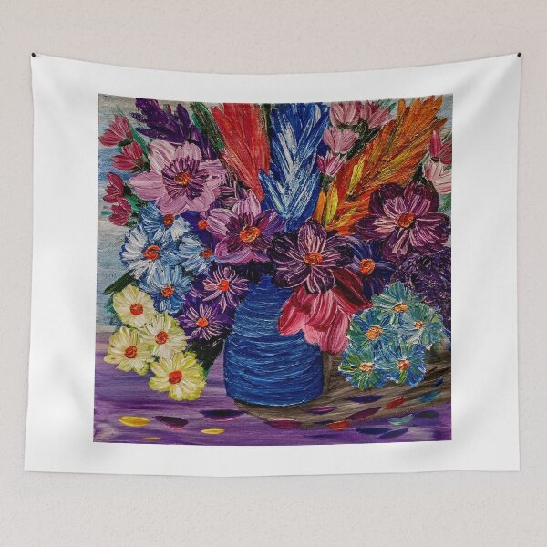 Item preview, Textured Purple Flowers and Colorful Feathery Grass in Blue Vase designed and sold by kkartwork.