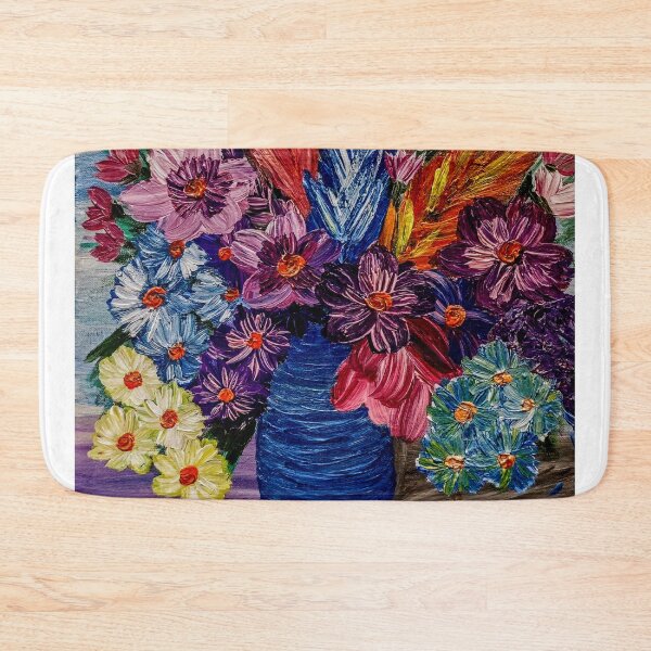 Item preview, Textured Purple Flowers and Colorful Feathery Grass in Blue Vase designed and sold by kkartwork.