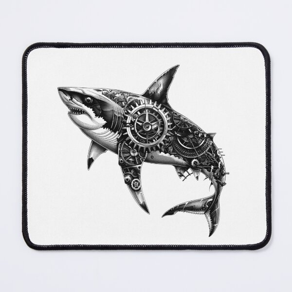 Item preview, Steampunk Mechanical Shark – Futuristic Cyberpunk Ocean Predator Illustration designed and sold by inkoutninja.